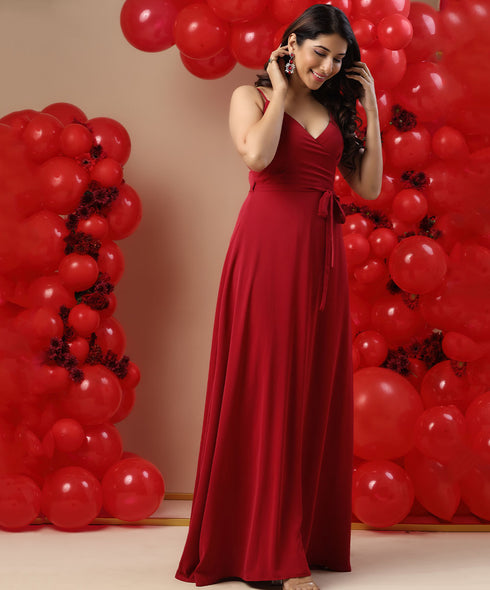 Vneck Waist Tie Solid Chiffon Maxi